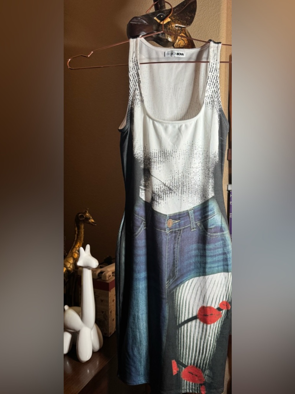Fashion Nova White and Blue Graphic Tank Dress with Red Accents